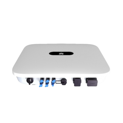 Dispositivo electrónico quadrado branco com conectores azuis e pretos