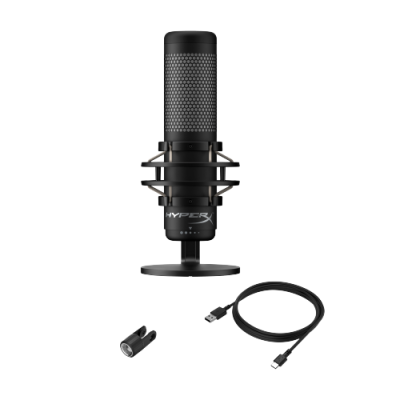 Microfone HyperX preto com suporte e acessórios
