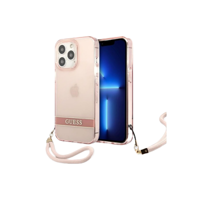 Estojo para smartphone rosa translúcido com faixa rosa e letra GUESS