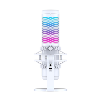 Microfone condensador branco com padrão de pontos coloridos e suporte metálico