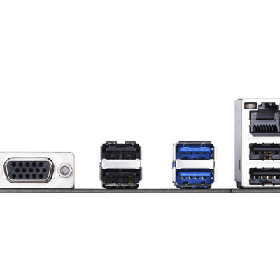 Portas de conexão em placa de circuito com PS/2, VGA, USB, Ethernet e áudio colorido