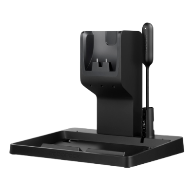 Estação de carregamento preta para dispositivo, com suporte vertical e base retangular