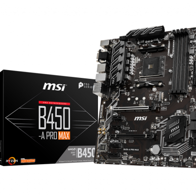 Placa-mãe MSI B450 A PRO MAX com caixa preta e conetores visíveis