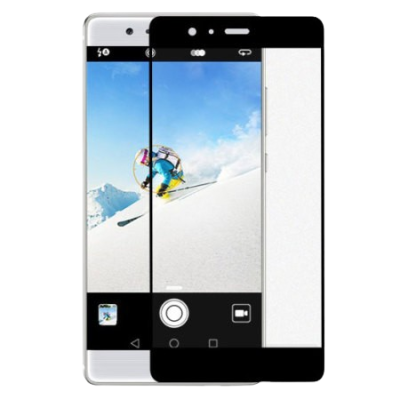 Smartphone branco com ecrã a mostrar fotografia de ski e vidro temperado preto