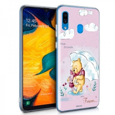 Capa de telemóvel rosa com Ursinho Pooh e Leitão e texto 'True friends are forever...'