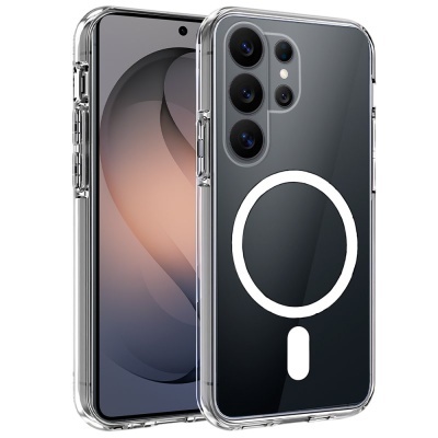 Smartphone preto com capa transparente e círculo branco na traseira