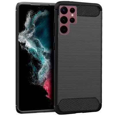 Smartphone com capa protetora preta com textura e cinco câmaras traseiras