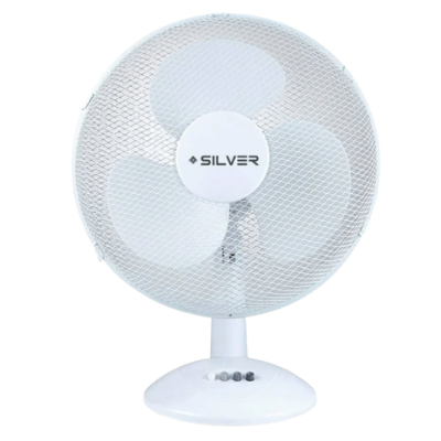 Ventoinha de mesa branca com grelha e texto SILVER