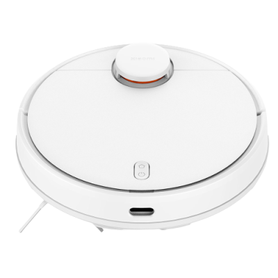 robô aspirador de pó branco circular com botão no topo