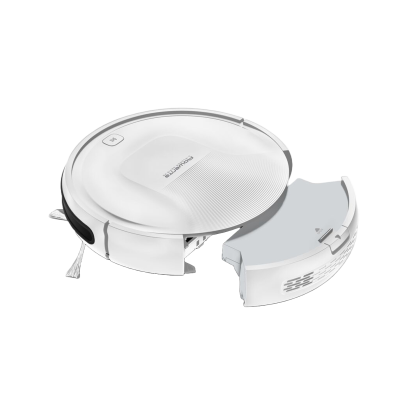 Robot aspirador robô branco com compartimento removível ao lado