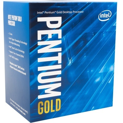 Caixa azul do processador Intel Pentium Gold com texto e logo Intel