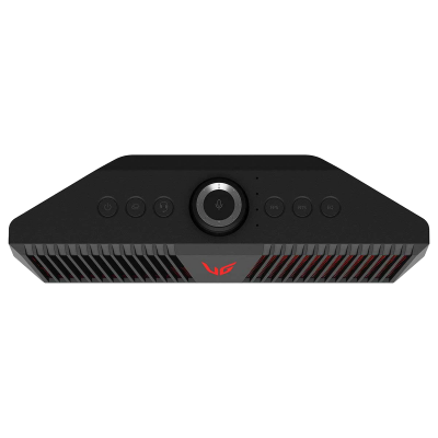 Dispositivo eletrónico preto com botões e grelha vermelha