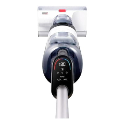 aspirador sem fios azul escuro com mostrador digital e escova branca