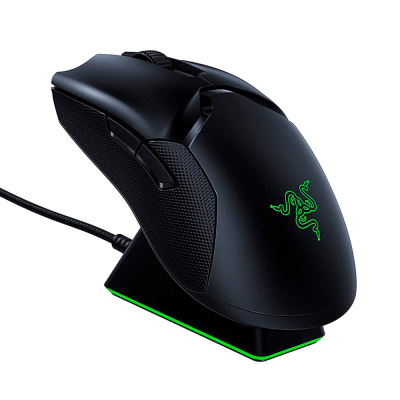 Rato de computador preto com logo verde iluminado