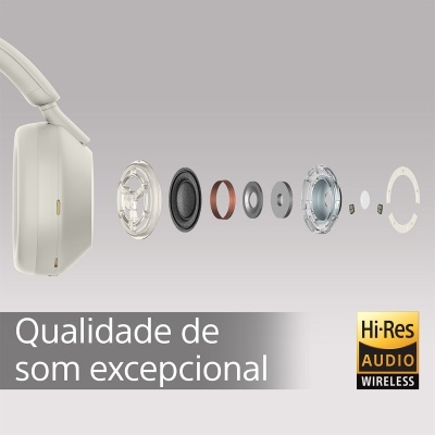 Auricular branco desmontado com componentes separados com texto promocional em português.