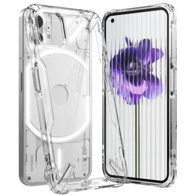 Capa protetora transparente para smartphone com telefone a mostrar ecrã com flor roxa.