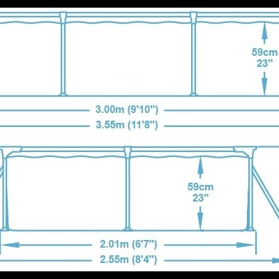 Desenho técnico em azul de toldo com dimensões em metros e pés