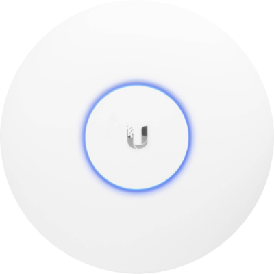 Access point Wi-Fi redondo branco com luz azul e logótipo 'U'