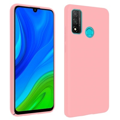 Smartphone com capa rosa, ecrã com design colorido azul e verde, câmara dupla e sensor de impressão digital