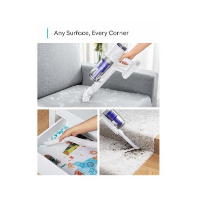 Aspirador portátil branco com depósito azul a limpar diversas superfícies domésticas