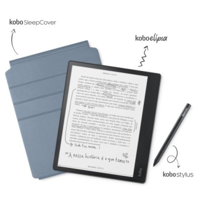 Leitor de e-book Kobo Elipsa preto com capa azul SleepCover e caneta Kobo Stylus