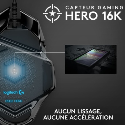Rato gaming Logitech G502 Hero com sensor Hero 16K e texto promocional em francês