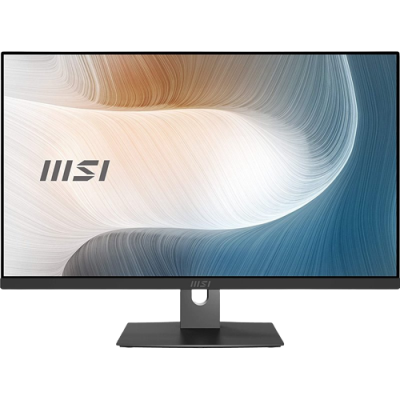 Monitor MSI preto com suporte retangular e ecrã com padrão abstrato em tons claros