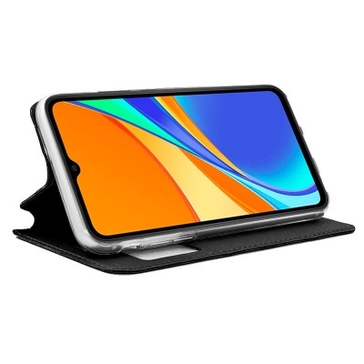 Smartphone em capa carteira preta com ecrã colorido