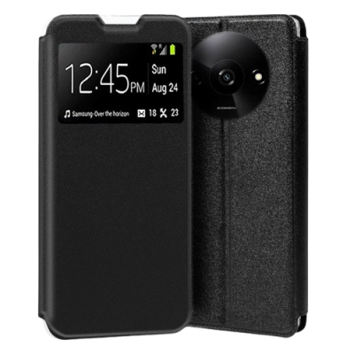 Capa protetora preta para smartphone com janela transparente e câmara circular no verso