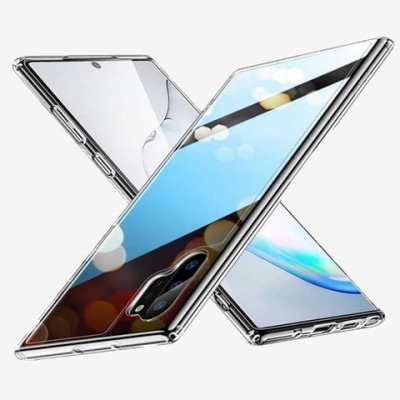 Dois smartphones com capas transparentes sobre fundo branco