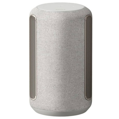 Coluna portátil cylindrical em tecido cinzento claro com detalhes metálicos.