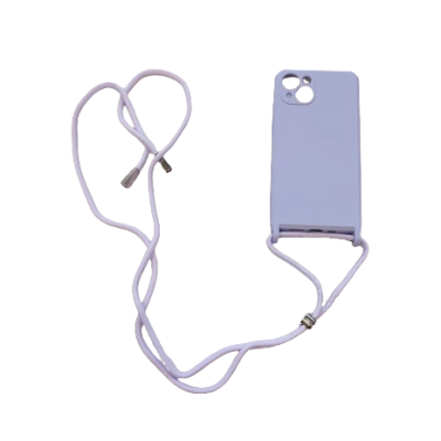 Capa de telemóvel lilás com correia de tecido e três orifícios para câmaras