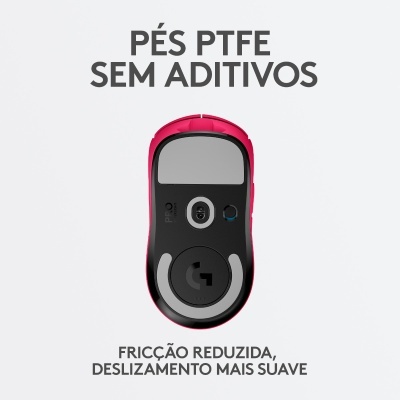 Rato para computador preto e vermelho com texto sobre pés PTFE e fricção reduzida.