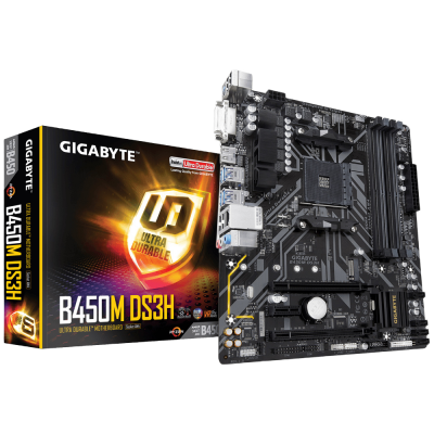 Placa-mãe Gigabyte B450M DS3H preta com embalagem colorida e texto Ultra Durable B450M DS3H