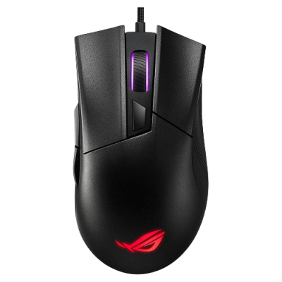 Rato de computador preto com iluminação RGB roxa e logo vermelho ROG