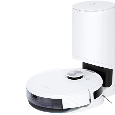 Robot aspirador branco com base de carregamento vertical branca