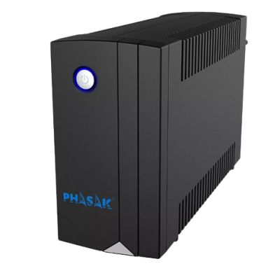 Computador ou equipamento eletrónico preto com botão de ligar iluminado e marca PHASAK