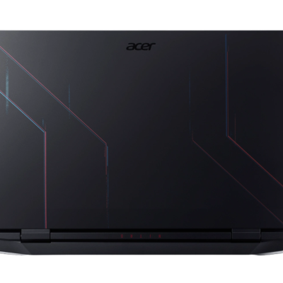 Computador portátil Acer preto com linhas geométricas coloridas visto de cima