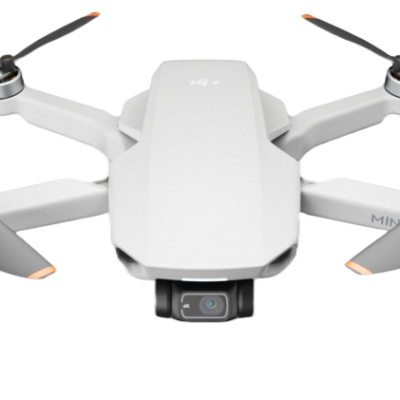 Drone branco com quatro hélices e câmara frontal