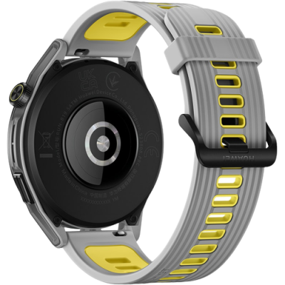 Relógio inteligente Huawei com bracelete cinza e amarelo visto por trás