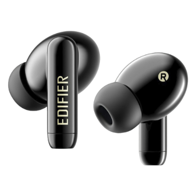 Auscultadores intra-auriculares pretos com texto EDIFIER e símbolo ® dourados