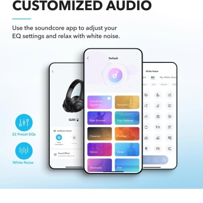 Ecrãs de smartphone com aplicação de áudio mostrando predefinições de equalizador e opções de ruído branco