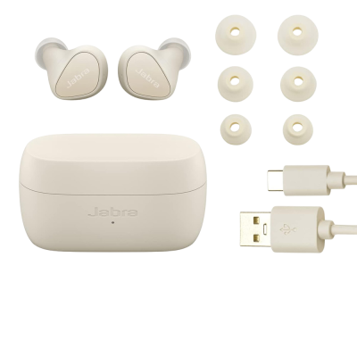 Auscultadores sem fios Jabra bege com caixa de carregamento, pontas de silicone e cabo USB.