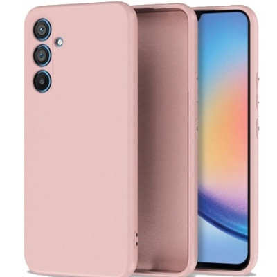 Capa rosa para telemóvel com recortes para câmaras, com telemóvel dentro mostrando ecrã colorido