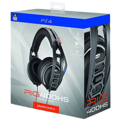 Caixa do headset de jogo Plantronics RIG 400HS para PS4 com imagens do produto e texto