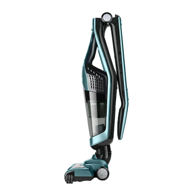 aspirador vertical sem fios preto e azul turquesa com depósito transparente