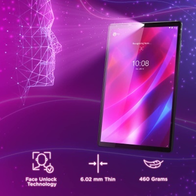 Tablet preto com ecrã a cores e texto sobre características tecnológicas