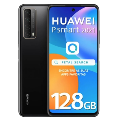Smartphone Huawei Psmart 2021 preto com ecrã a mostrar texto