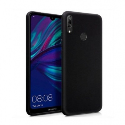 Smartphone Huawei preto com protector traseiro preto fosco e ecrã ligado