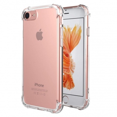 iPhone rosa com capa transparente e ecrã com flores alaranjadas